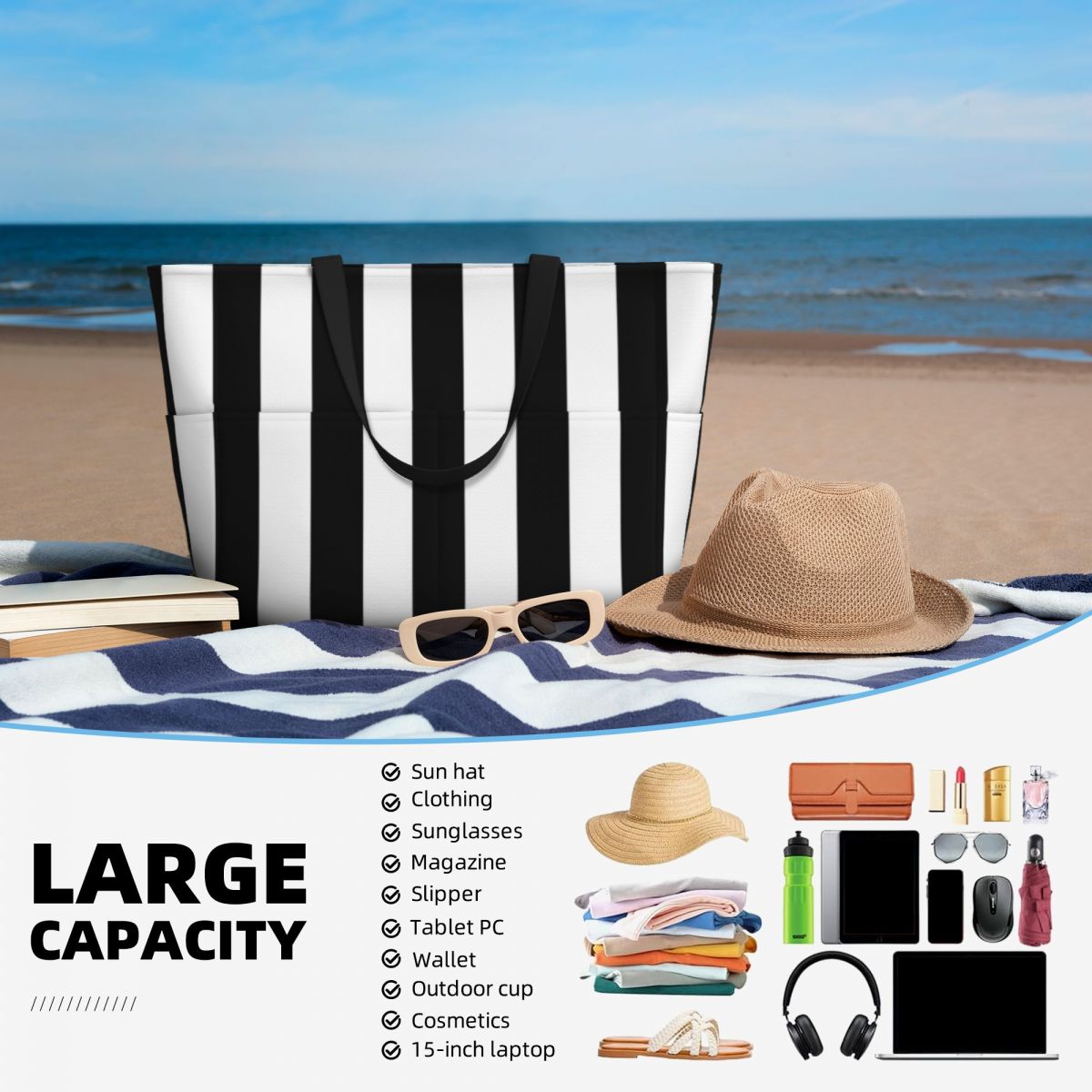 Black White Stripe Beach Tote  – обзор и цена Yoga Fitness Tote
